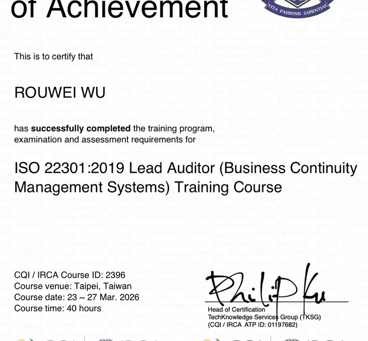 ISO 22301 Lead Auditor certificate